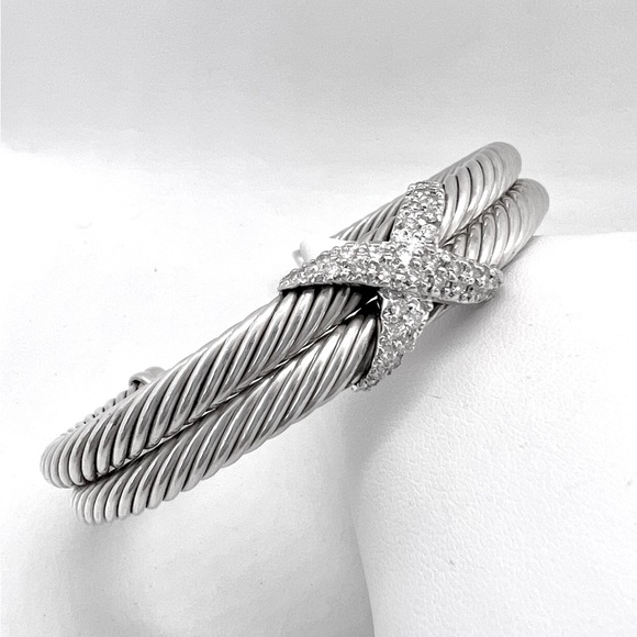 David Yurman Sterling Silver Double Row Diamond X Cable Bracelet - Picture 10 of 16